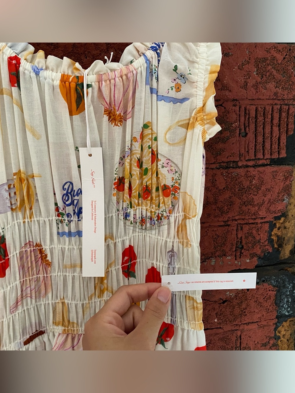 Lisa Says Gah Ivory Maxi Annie Dress, Colorful Buon Appetito Print, NWT Small - Picture 6 of 12